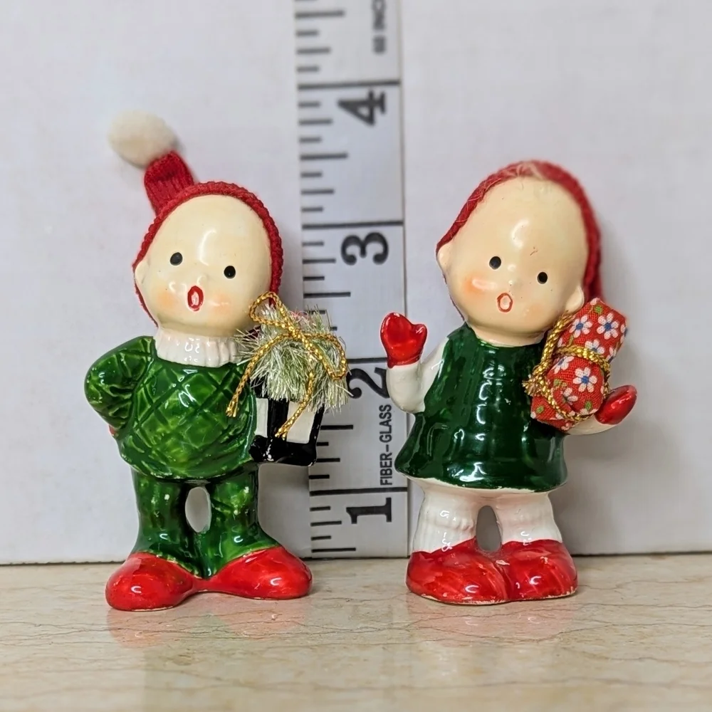 Vintage Napcoware Pair Christmas Elf Carolers 50's Ceramic Figurines Japan